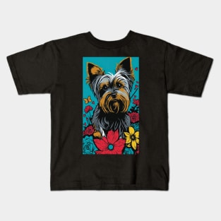 Yorkshire Terrier Dog Vibrant Tropical Flower Tall Retro Vintage Digital Pop Art Portrait 2 Kids T-Shirt